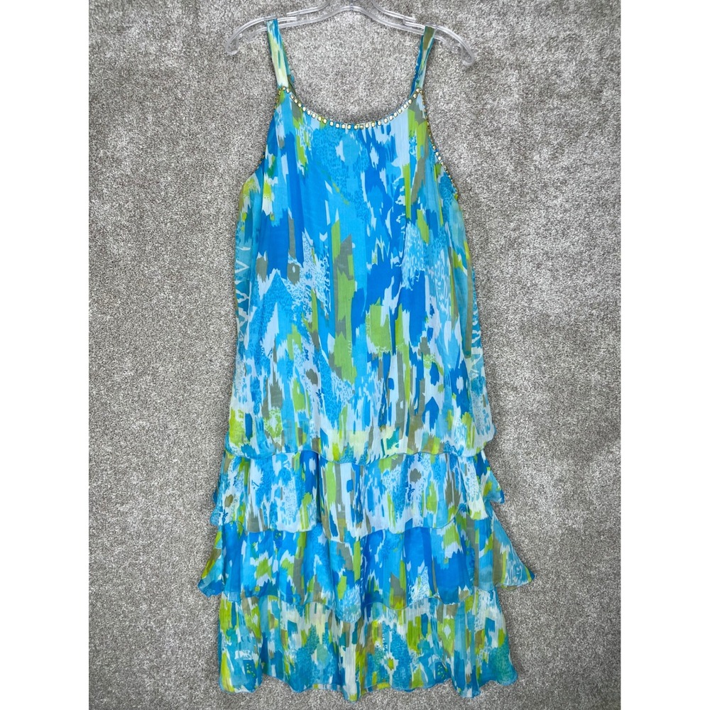 Jessica Taylor Studded Abstract Print Tiered Midi Dress Women 2X Blue Green Boho